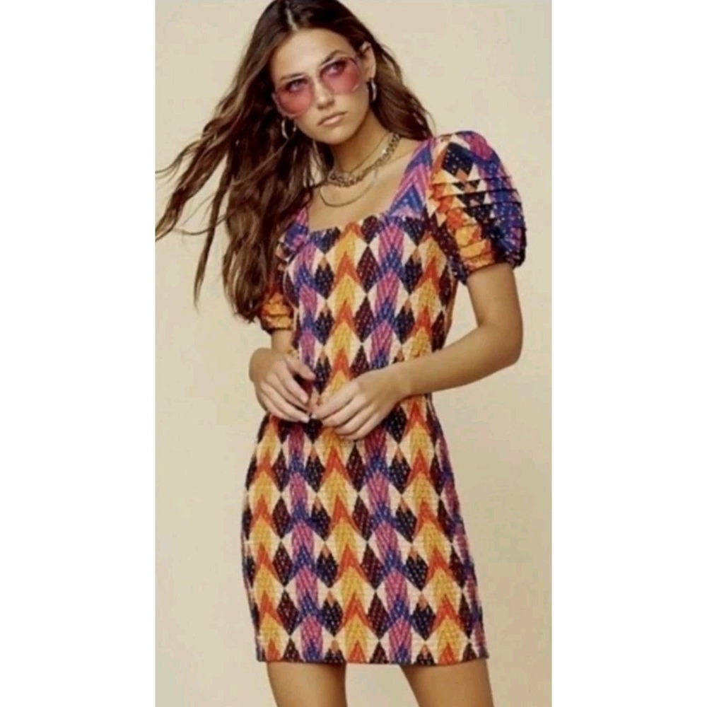 Farm Rio Dress Lindeza Grafica Mini Dress Puff Sleeve Smocked Colorful S Y2K 90s